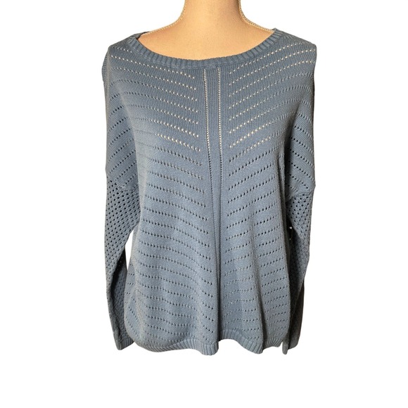 Prana Sweaters - Prana Womens XL Blue Organic Cotton Pointelle Chevron Knit Sweater High Low Hem